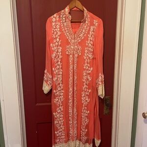 Embroidered Coral and Cream Long Kurta